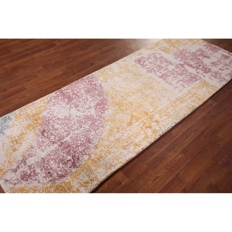 Colorful Abstract Indian Runner Rug Hand-Knotted Wool Carpet - 2'9"x 7'7"