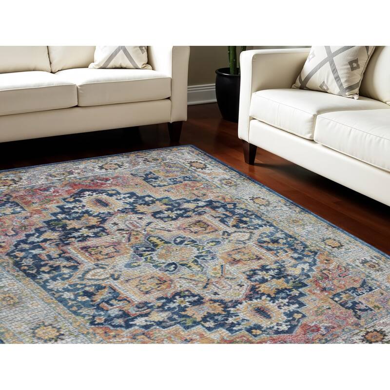 Power Loomed Distressed Floral Non Skid Area Rug - 118' X '94' X '0.5 - 118' X '94' X '0.5 - Oxford Blue - Rectangle