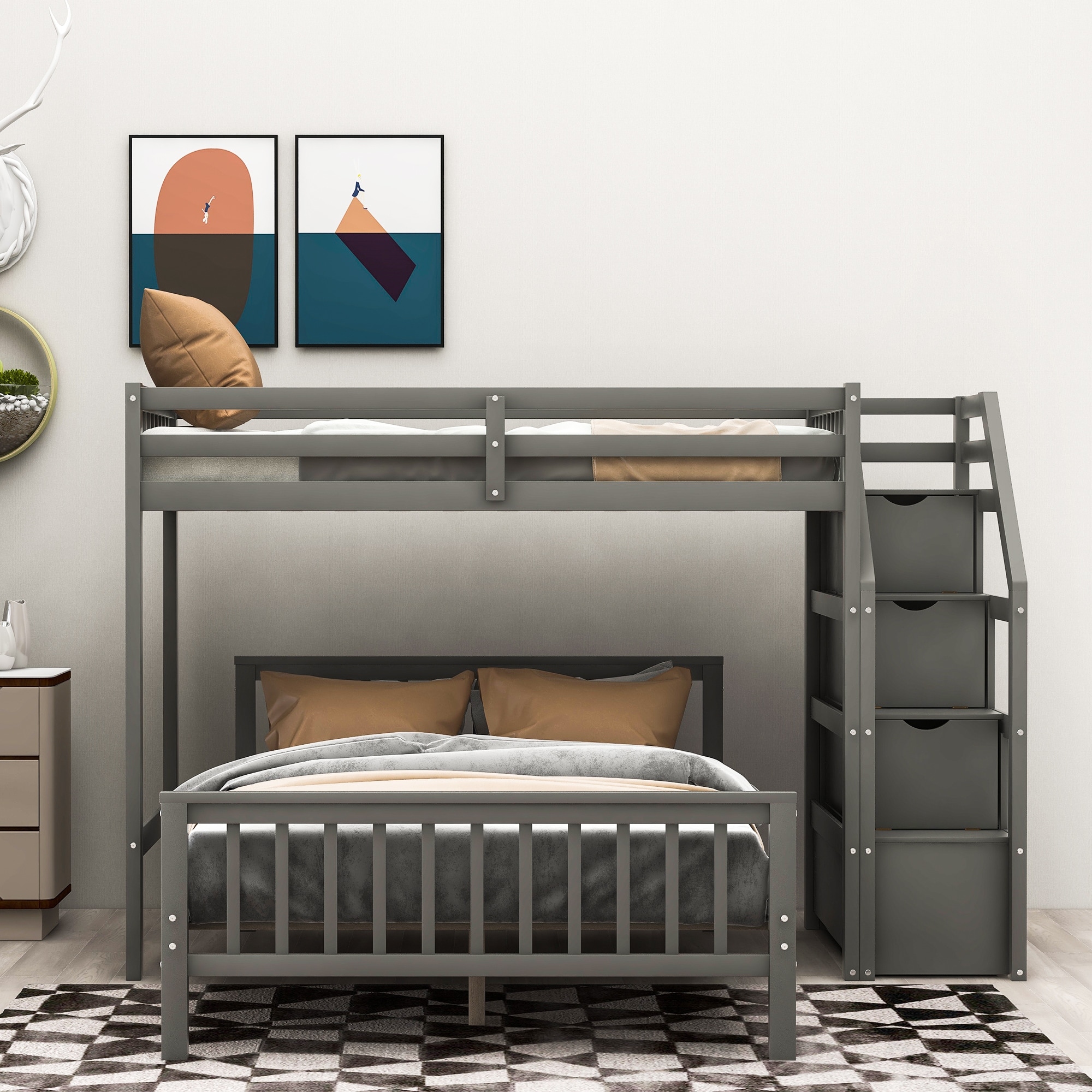 Twin Over Full Bunk Bed with 3 Storge Staircase and Ladder Solid