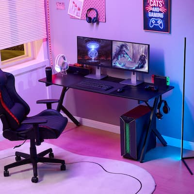 63 inch Carbon Fiber Gaming Desk with Mouse Pad Esports Style Computer Desk for Gamers, Sturdy & Large Gaming Workstation