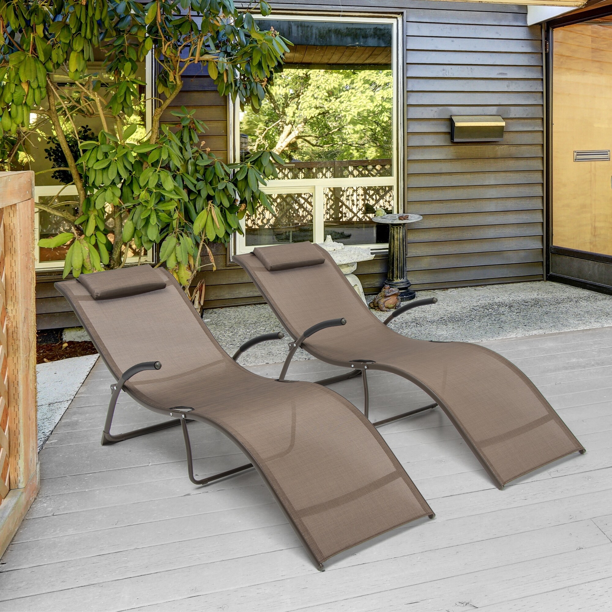 VredHom Outdoor Folding Chaise Lounge with Headrest Set of 2