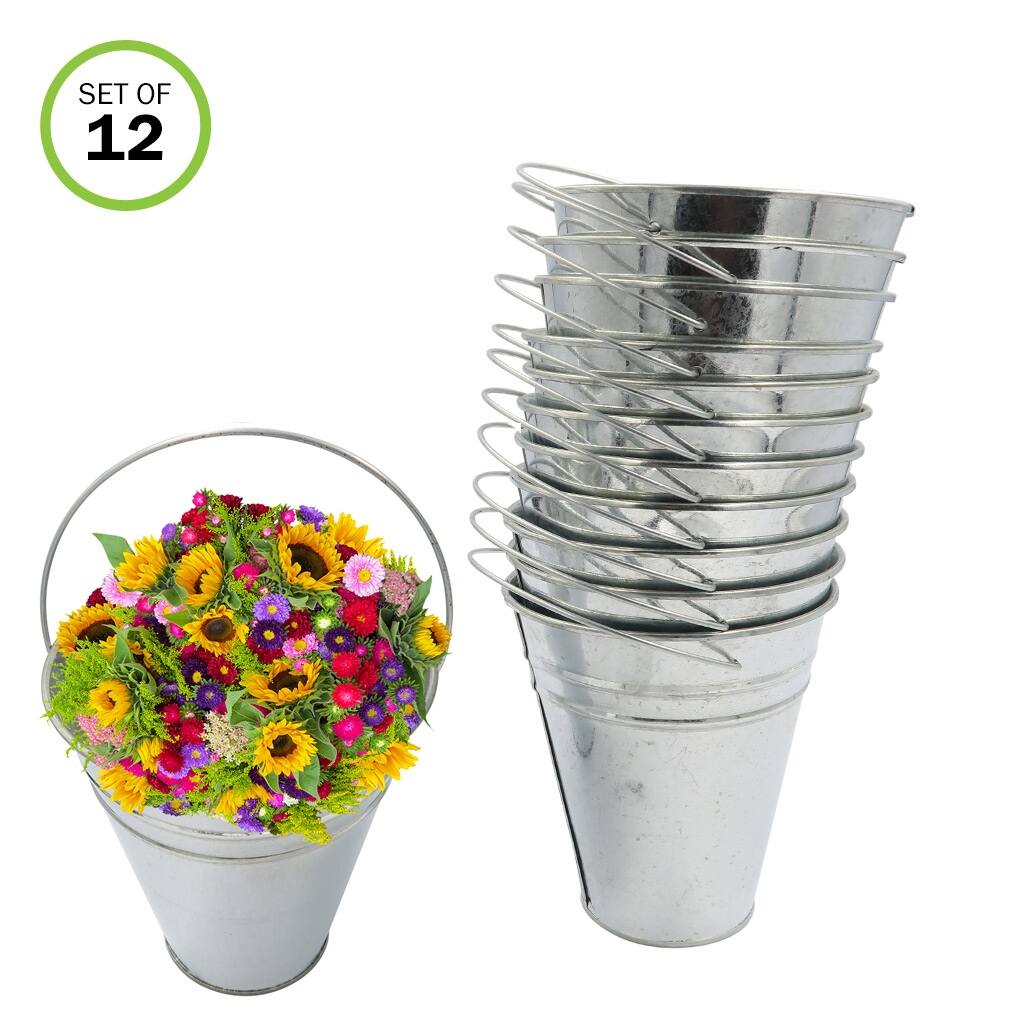 Evelots Large Galvanized-Metal Pail-Buckets-Planters W/Handle -Set/12 - Set of 12
