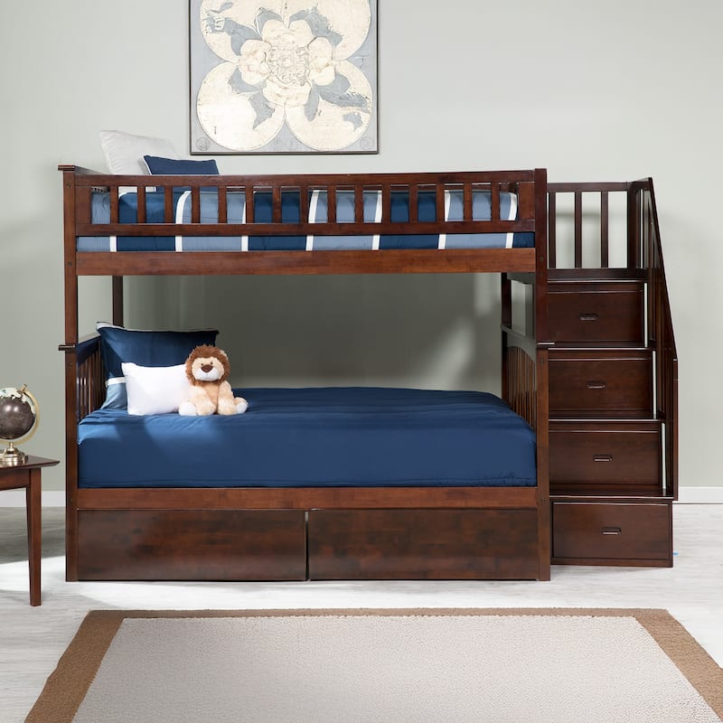 AFI Columbia Full over Full Size Staircase Bunk Bed with Bed Drawers & Charging Station in Walnut