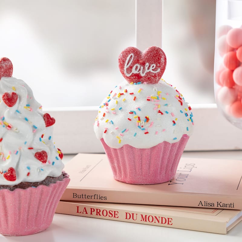 Glitzhome Set of 2 Valentine's Resin Cupcakes Table Decor