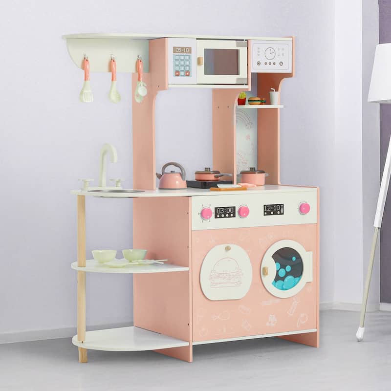 Wooden Play Kitchen Set for Kids, Pretend Cooking Toy, Interactive Kitchen Playset