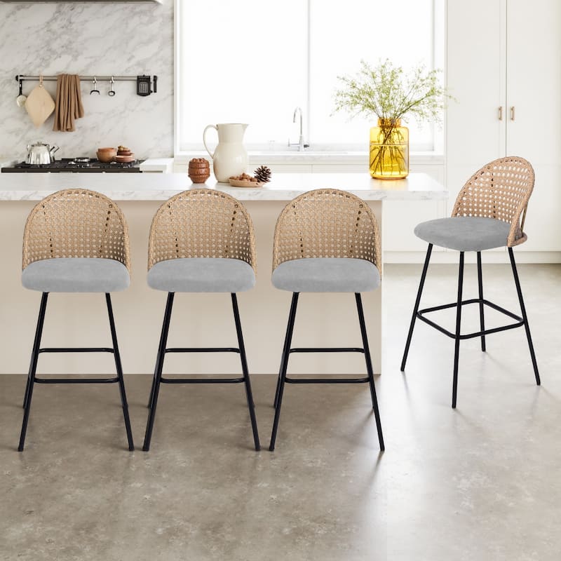 29" Upholstered Swivel Bar Stools with Rattan Back