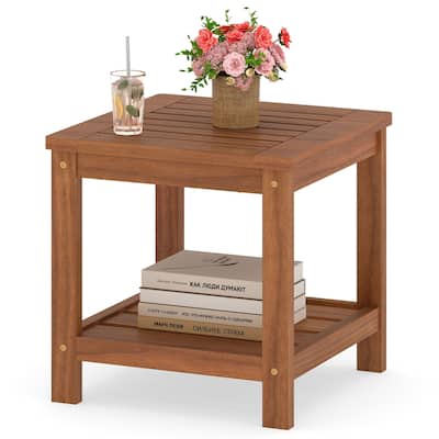 Solid Wood 2-Tier Outdoor Side Table Natural Finish with Slatted Shelves for Patio or Balcony - 18" x 18" x 17.5"