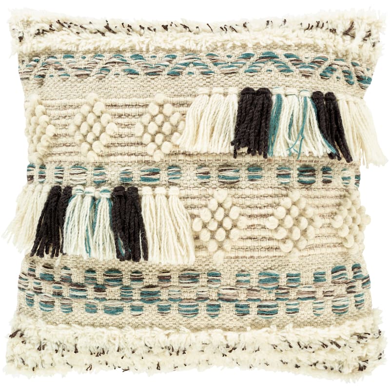 Kalani Handwoven Boho Shaggy Throw Pillow - Beige/Teal - 22"x22" & Poly Insert