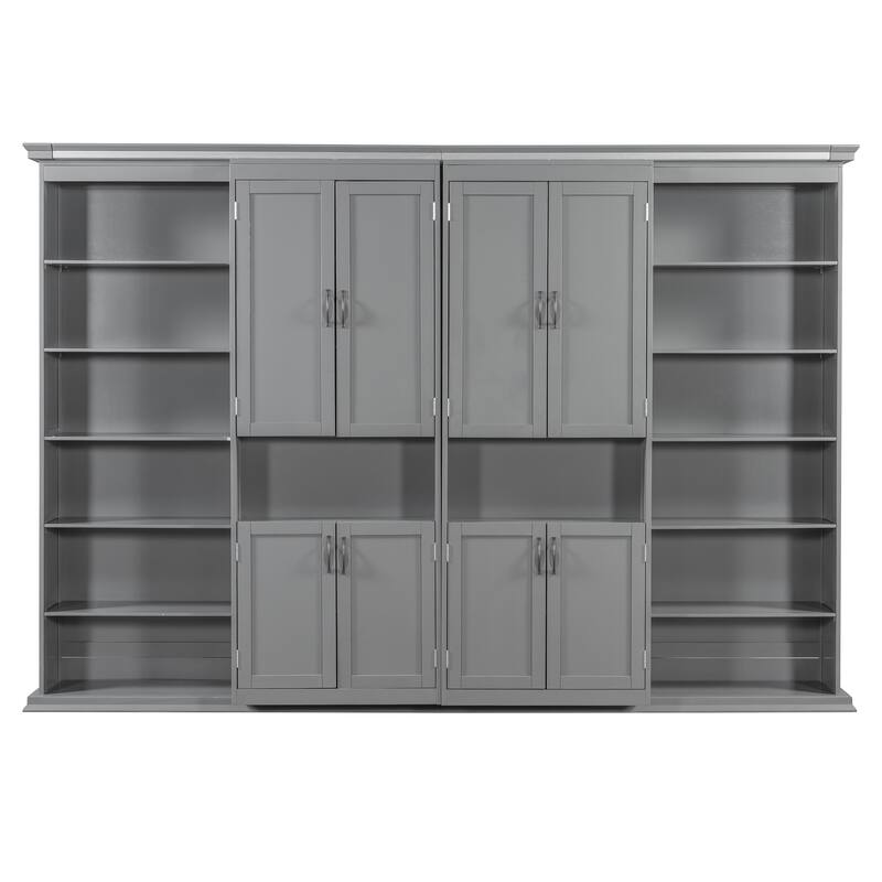 Hidden Hydraulic Lift Wall Bed Queen Murphy Bed with Dual Sliding Storage Cabinets, Side Shelves and Reinforced Metal Frame