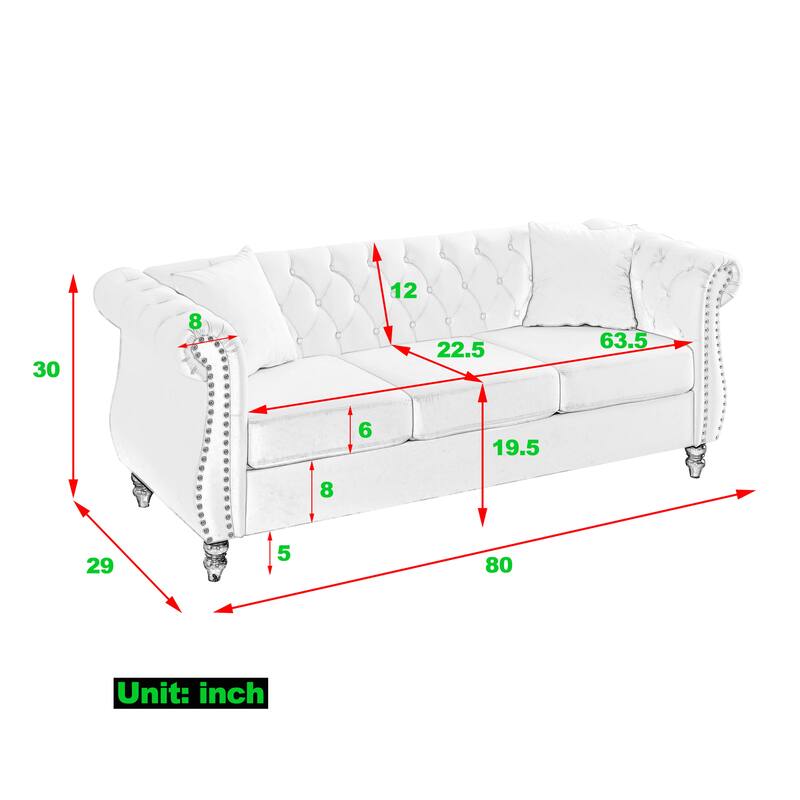 80" Black Velvet 3 Seater Chesterfield Sofa with Nailhead Trim and Two Pillows