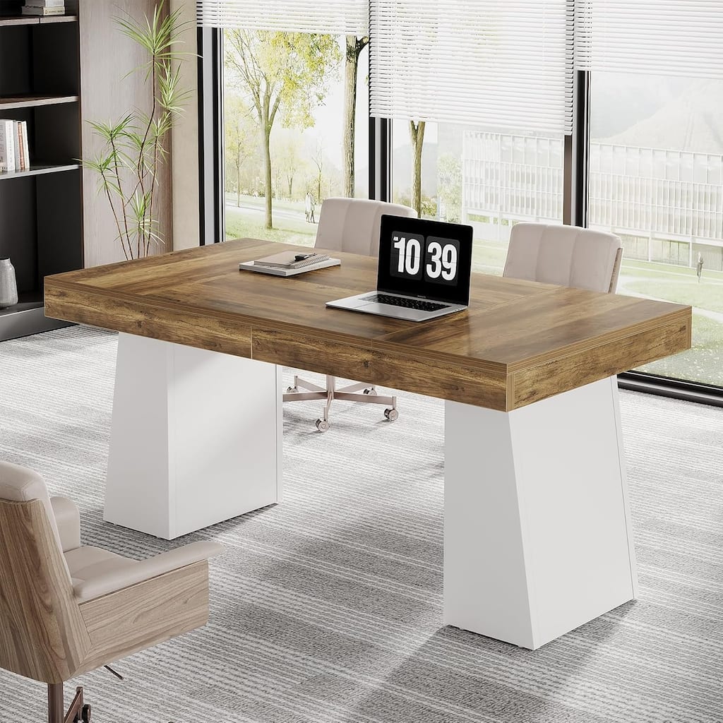 55 Inch Modern Executive Desk, Large Home Office Computer Writing Desk with Sturdy Pedestal (MDF)