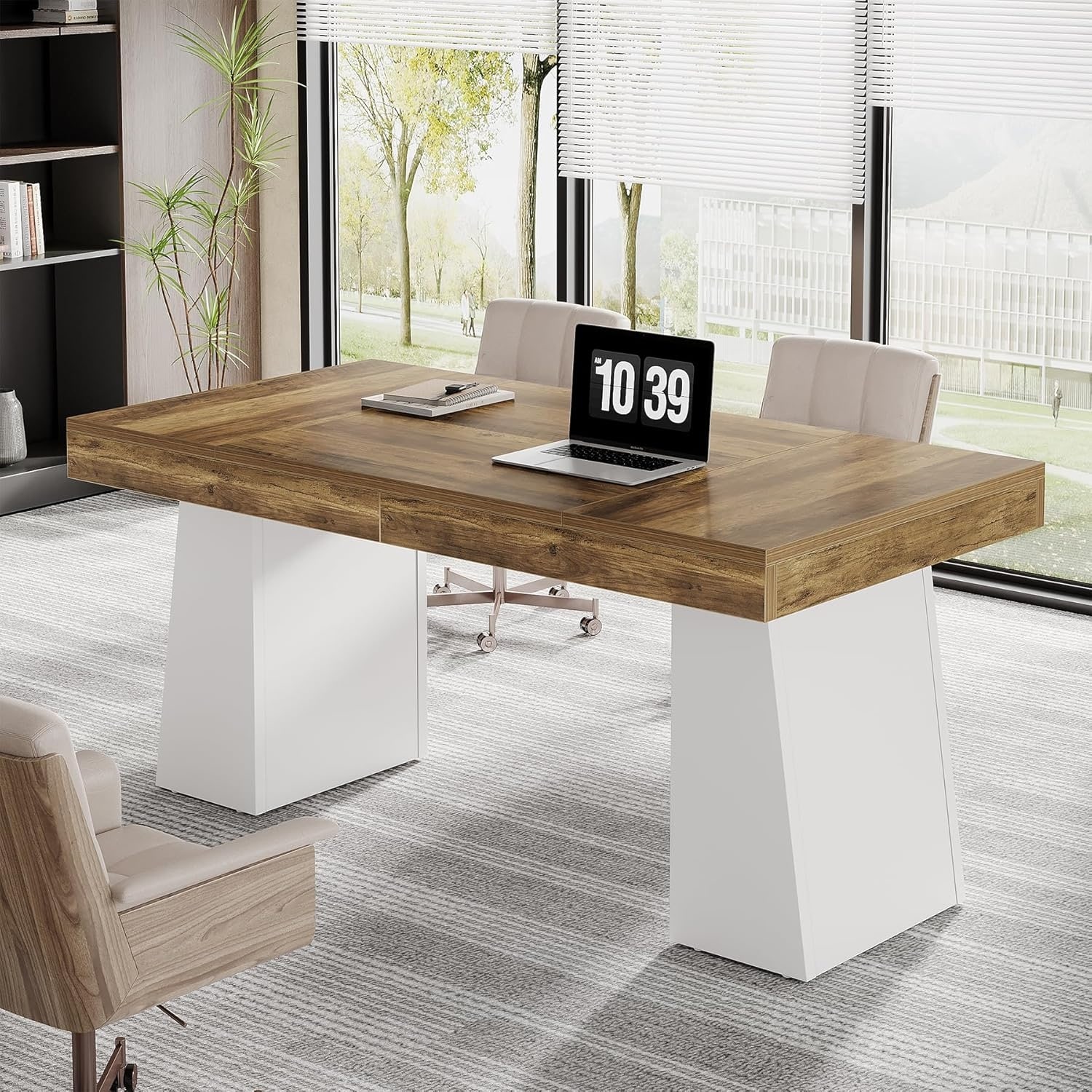 55 Inch Modern Executive Desk, Large Home Office Computer Writing Desk with Sturdy Pedestal (MDF)