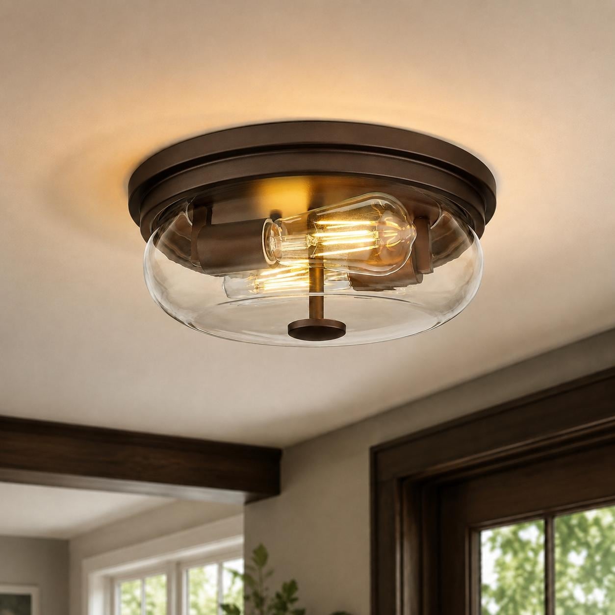 Farmhouse Flush Mount Ceiling Light with Glass Shade 2-Light Metal Fixture