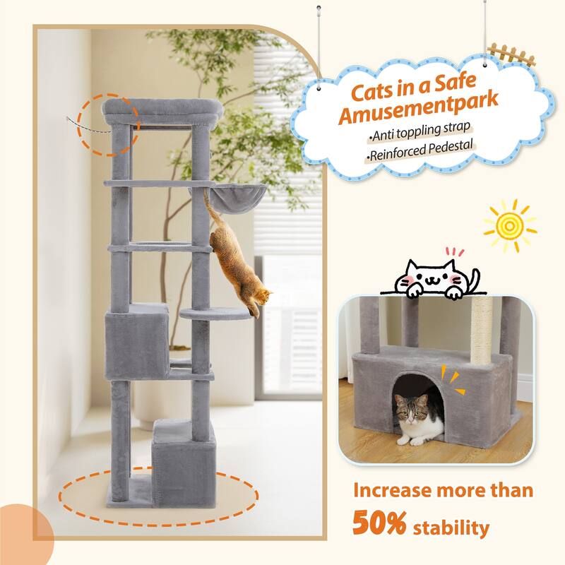 Tall Cat Tree Tower for Indoor Big Cats with Extra-Large Top Perch, 2 Large Condos, Cat Scratching Post and Cozy Hammock