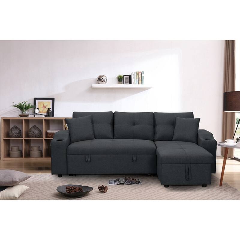 Upholstered Pull Out Sectional Sofa with Storage Chaise