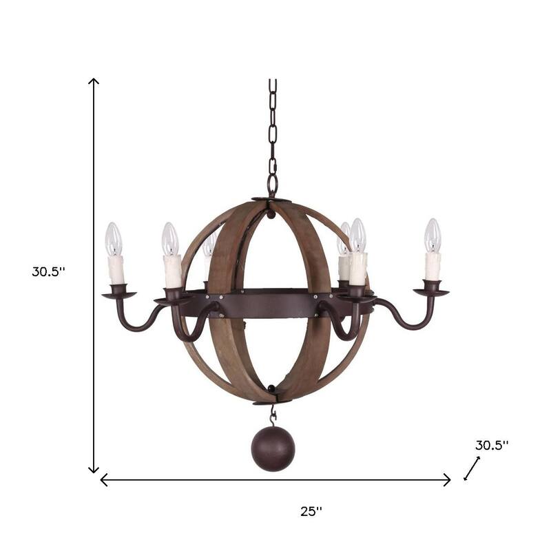 HomeRoots Brown And Black Wood and Metal Sphere Six Light Dimmable Chandelier - 25.00' X '30.50' X '30.50