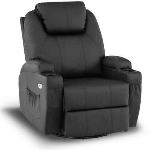 Mcombo Manual Swivel Glider Rocker Recliner Chair with Massage and Heat, Pockets, 2 Cup Holders, Faux Leather 8031