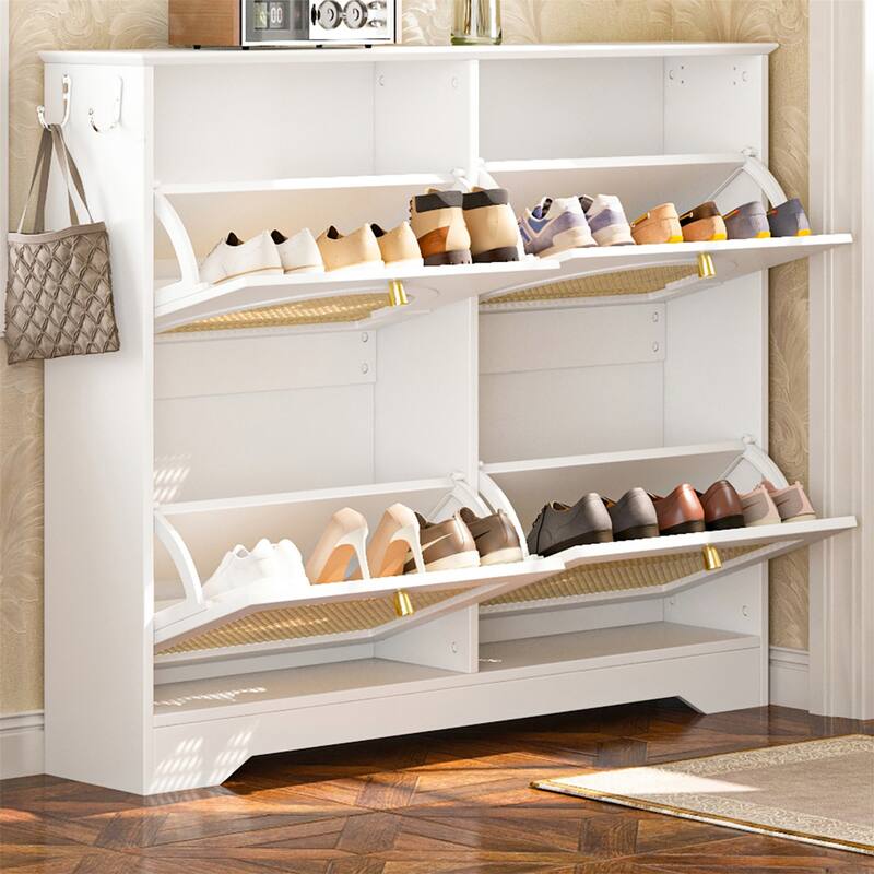 Tipping Bucket Shoe Cabinet with 4 Flip Drawers,Rattan Doors,Hooks