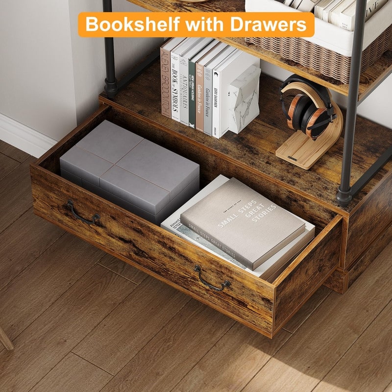 5-Tier Rustic Bookshelf with Metal Frame & Storage Drawer Open Bookcase