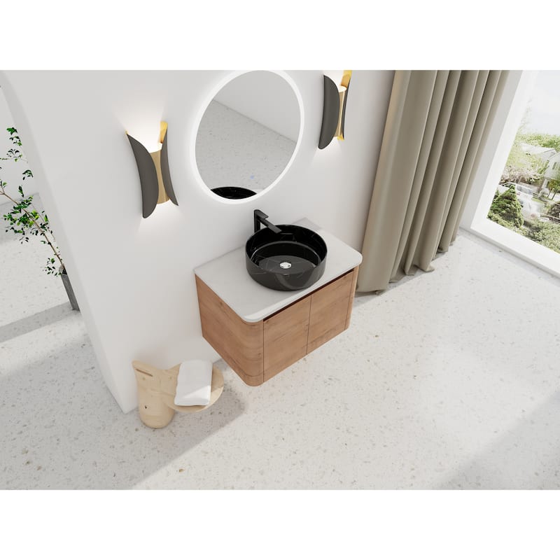 30'' Wall-Mounted Bathroom Vanity With Ceramic Art Sink & 2-Soft-Close Door, KD-Packing, Plywood