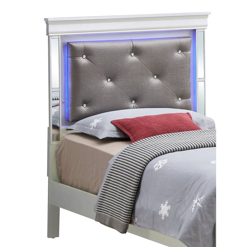 Twin Size Wood Platform Bed with LED Headboard and Jeweled Tufted Upholstery