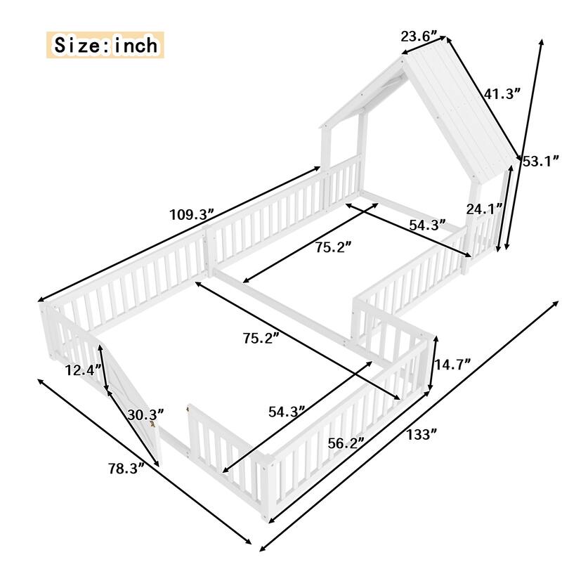 Modern House Floor Bed Frame, Double Floor Beds with Fence and Door