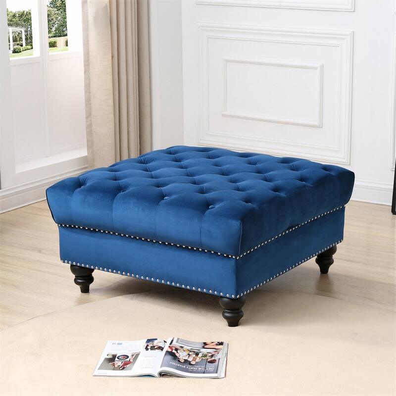 Ottoman with Roller Drawer-Navy Blue - Navy Blue