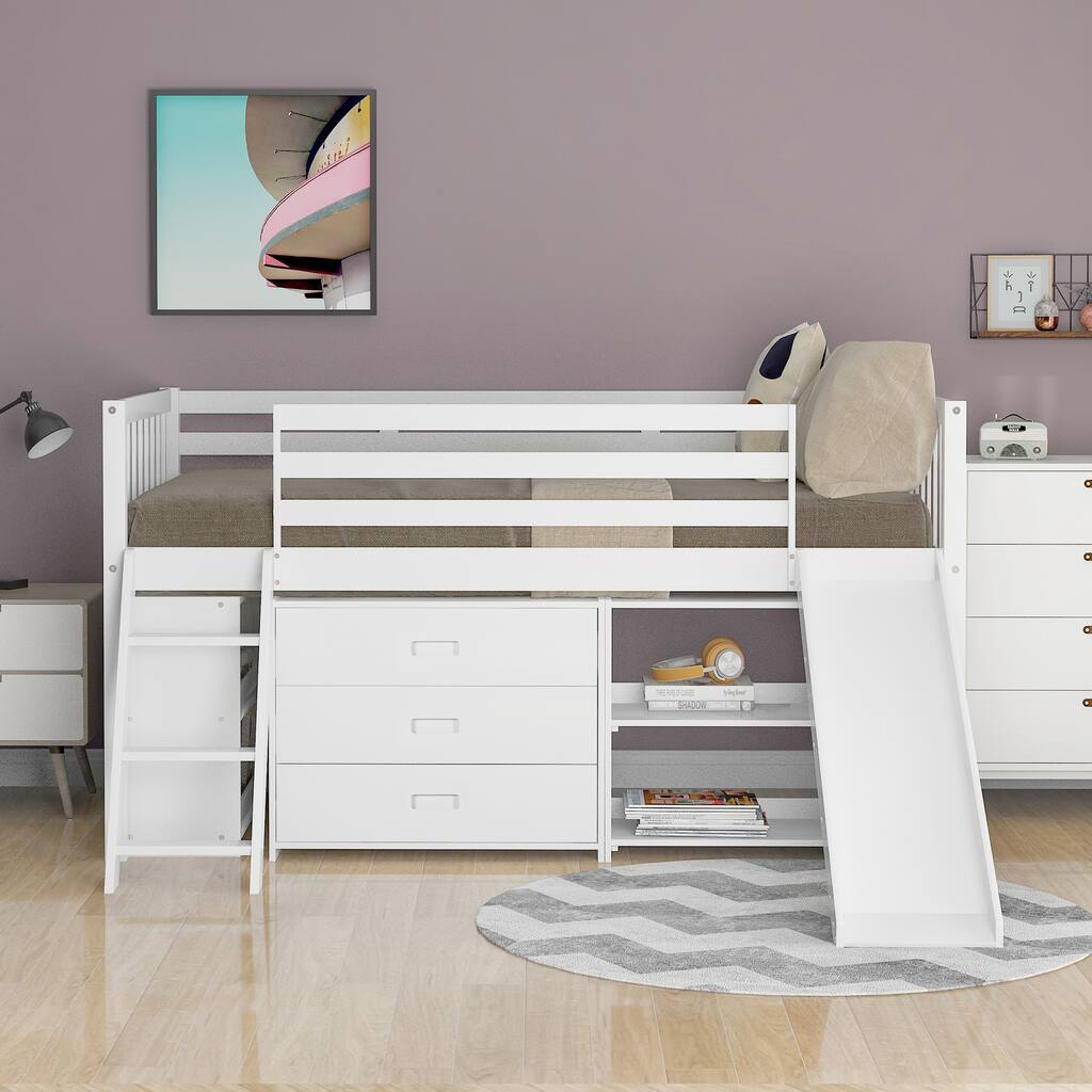 Low Loft Bed with Attached Bookcases and Separate 3-tier Drawers,Convertible Ladder and Slide,Twin,Gray