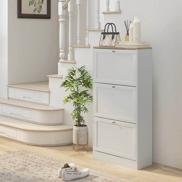 HOMCOM Narrow Shoe Storage Cabinet for Entryway with 3 Flip Drawers and ...