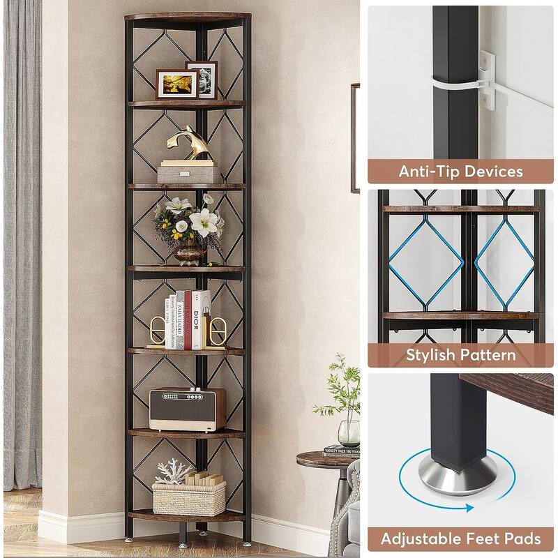 7-Tier Corner Bookshelf, Industrial Display Shelf Storage Rack