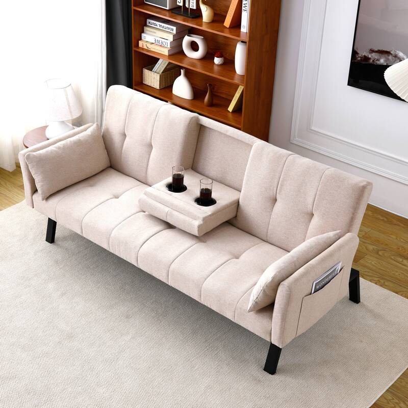 70-inch multi-functional cotton and linen sofa bed: foldable + cup holder + side storage