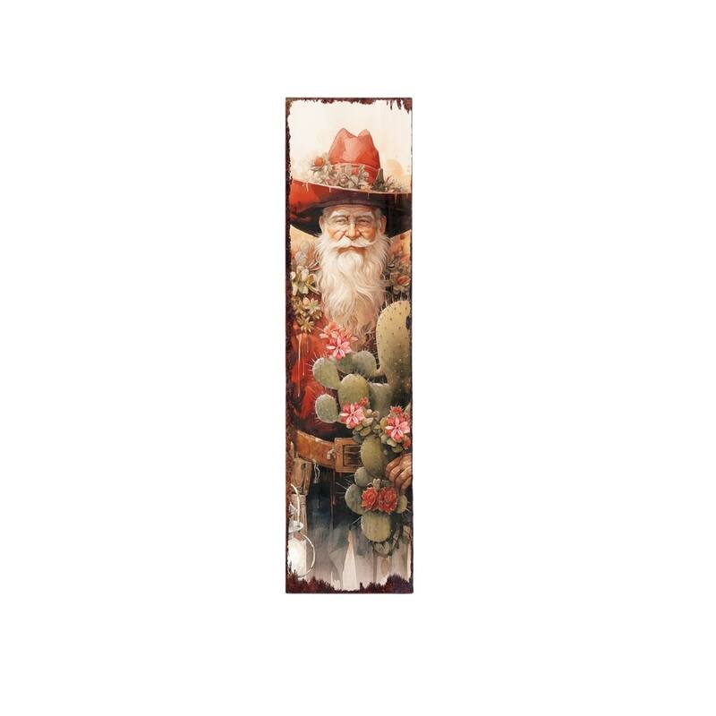 HomeRoots 36" Red Green And White Solid Wood Christmas Cowboy Santa Porch Sign