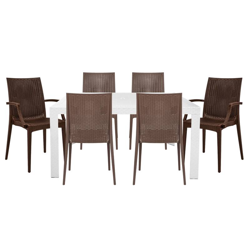 LeisureMod Mace 7-Piece Outdoor Dining Set with 4 Chairs 2 Arm Chairs - 28" - White/Brown