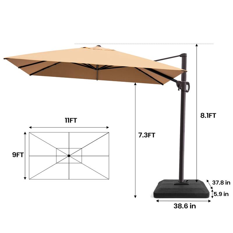 Outdoor 9 x 11 Ft Cantilever Patio Umbrella 360 Degree Rotation with Weight Base
