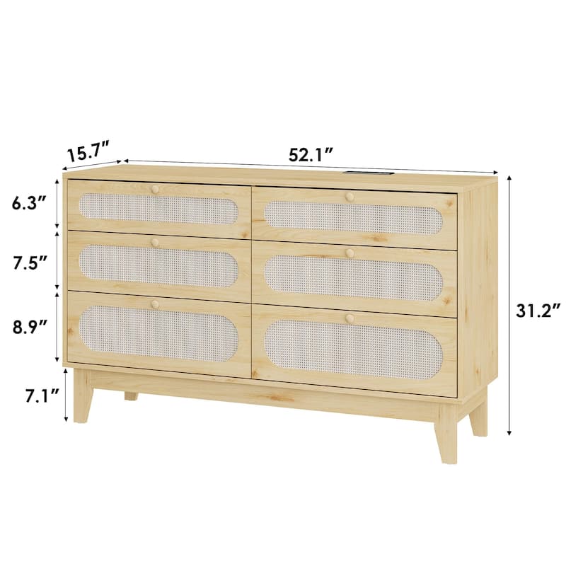 6-Drawer Rattan Dresser with Power Outlet, Wooden Chest of Drawers