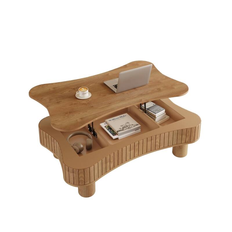 Lift Top Coffee Table with Fluted Panel Hidden Storage, Silent Hydraulic Lift and Curved Safety Corners