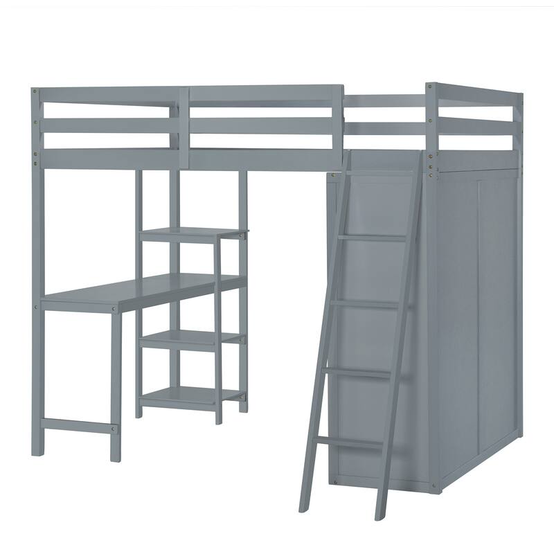 Full Size Loft Bed with Wardrobe, Desk, and Shelves - Space-Saving Design