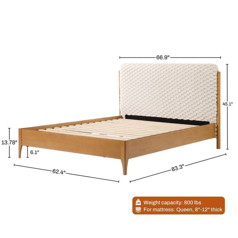 Quilted Upholstered Headboard with Rubberwood Frame Platform Bed, Queen