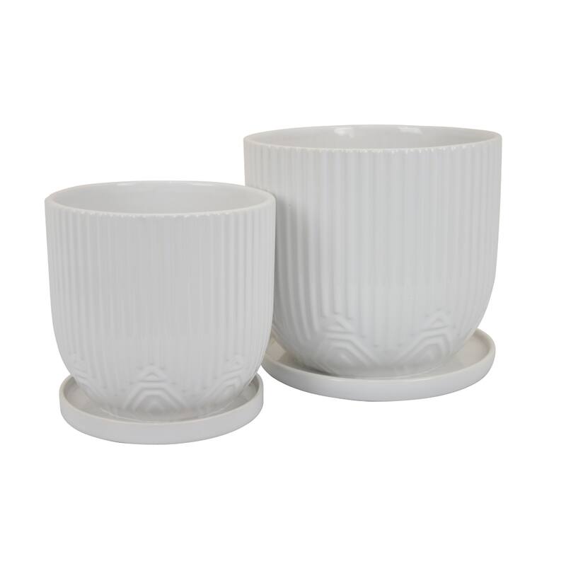 Set of 2 Elegant White Ceramic Planters Ribbed Design Geometric Base