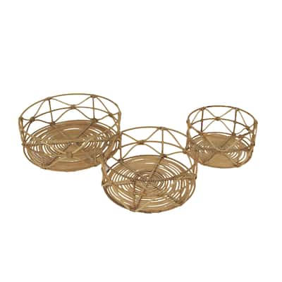 Set Of 3 Metal And Rattan Nesting Round Basket Trays - 4.25 X 12.25 X 12.25 inches