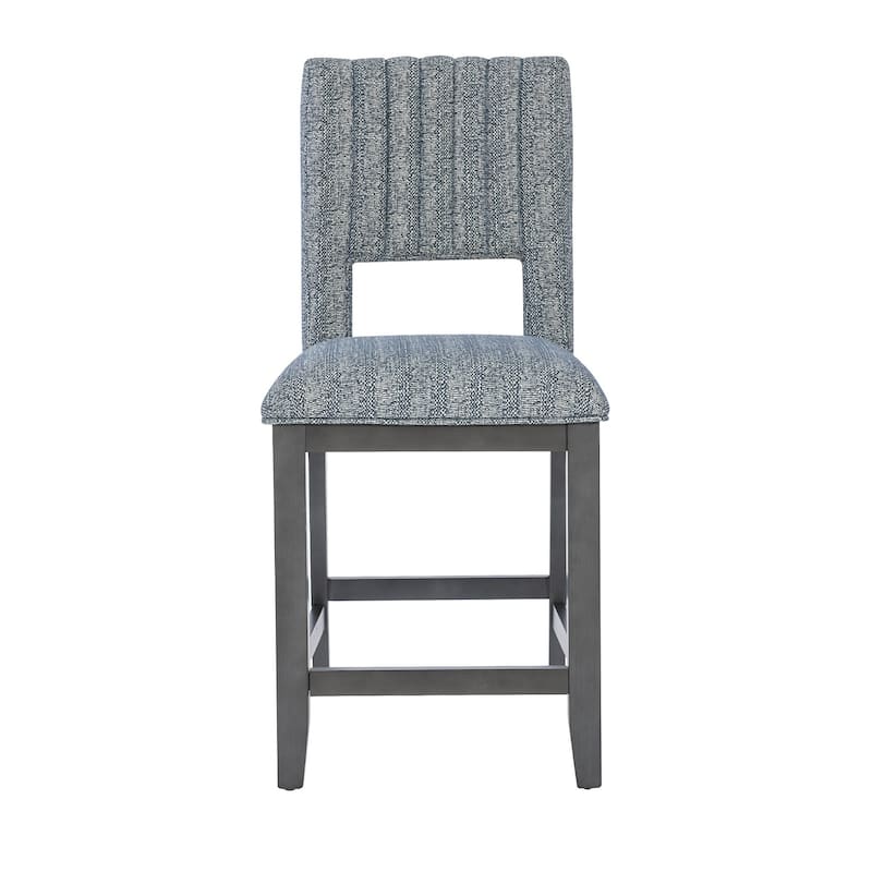 Set of 2 Upholstered Counter Height Chairs with Wooden Legs in Blue Gray and Gray