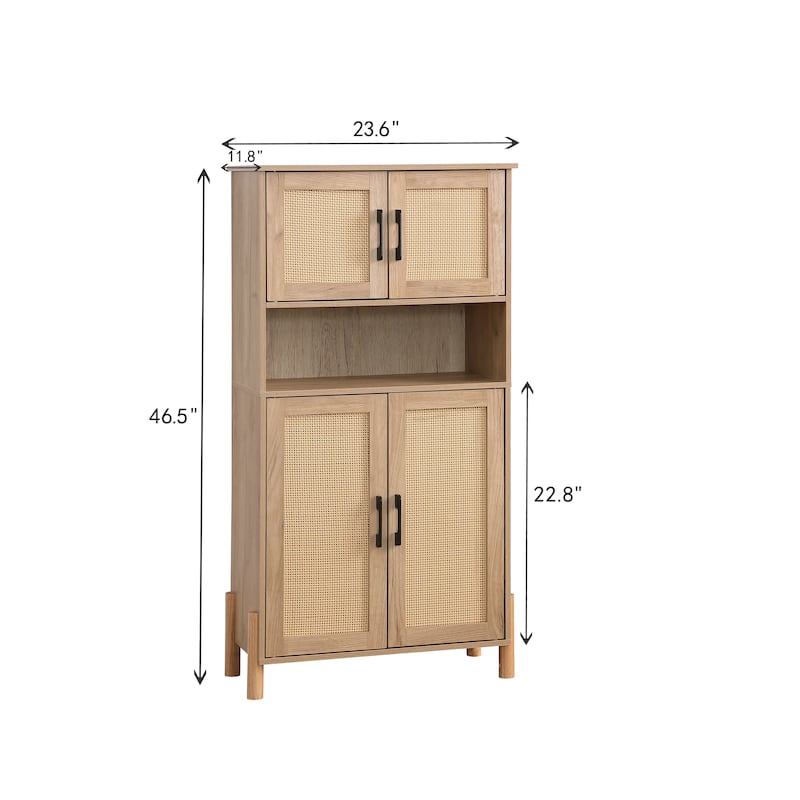 Mid-Century Modern 4-Door Storage Cabinet with Woven Rattan Doors & Adjustable Shelves