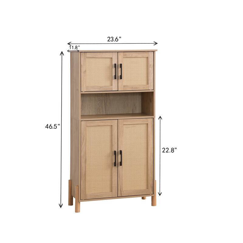 Mid-Century Modern 4-Door Storage Cabinet with Woven Rattan Doors & Adjustable for Living Room & Dining Room