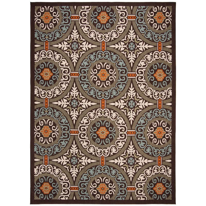 SAFAVIEH Veranda Rexhie Indoor/ Outdoor Waterproof Patio Backyard Rug - 8' x 8' Square - Chocolate/Aqua