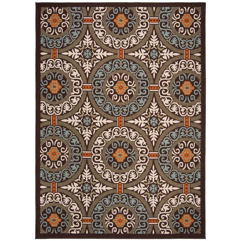 SAFAVIEH Veranda Rexhie Indoor/ Outdoor Waterproof Patio Backyard Rug - 3' x 3' Square - Chocolate/Aqua