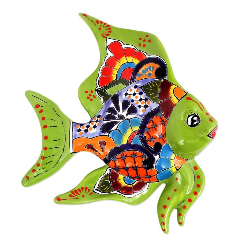NOVICA Ceramic wall sculpture, 'Green Angelfish'
