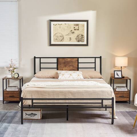 VECELO 3 Piece Queen Size Bedroom Set Platform Bed Frame and Nightstands Set of 2