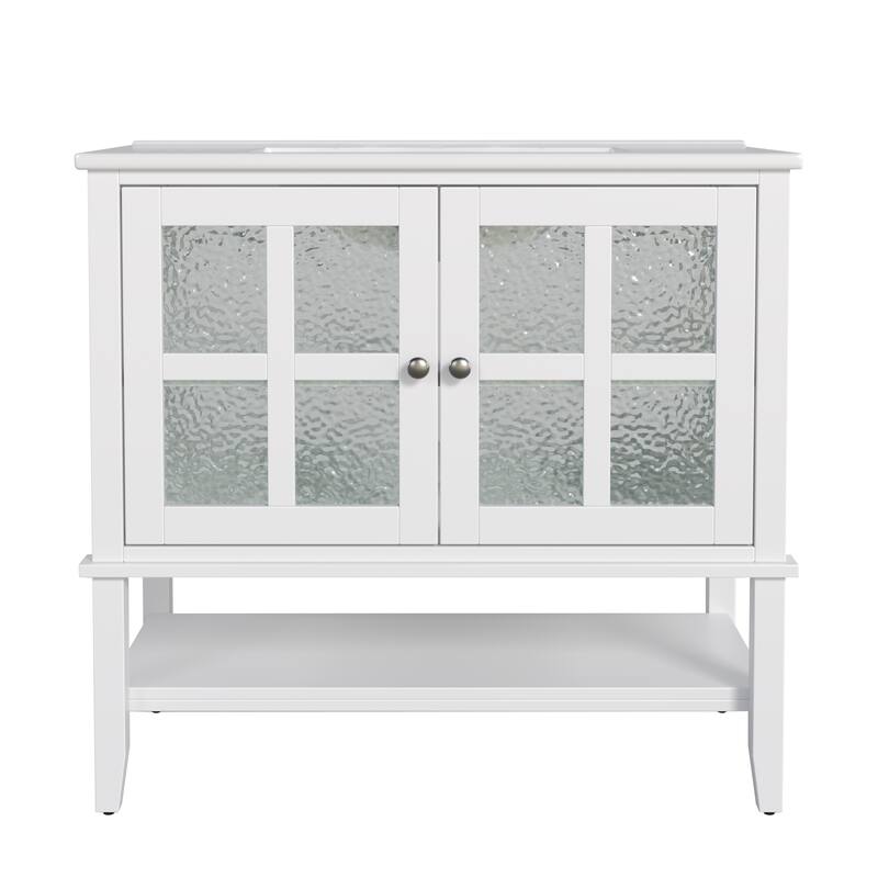 36" Bathroom Vanity with Ceramic Sink, Bathroom Vanity with Adjustable Shelf and Open Shelf, with Solid Wood Legs - White