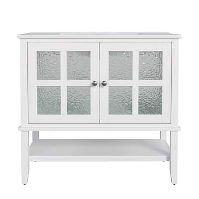 36" Bathroom Vanity with Ceramic Sink, Bathroom Vanity with Adjustable Shelf and Open Shelf, with Solid Wood Legs