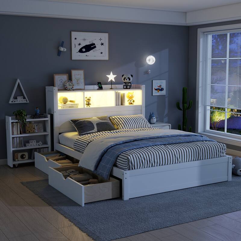 Roomfitters Twin/Full Platform Bed, LED Bookcase Headboard and Pull Out Storage Drawers with Wooden Frame for Bedrooms